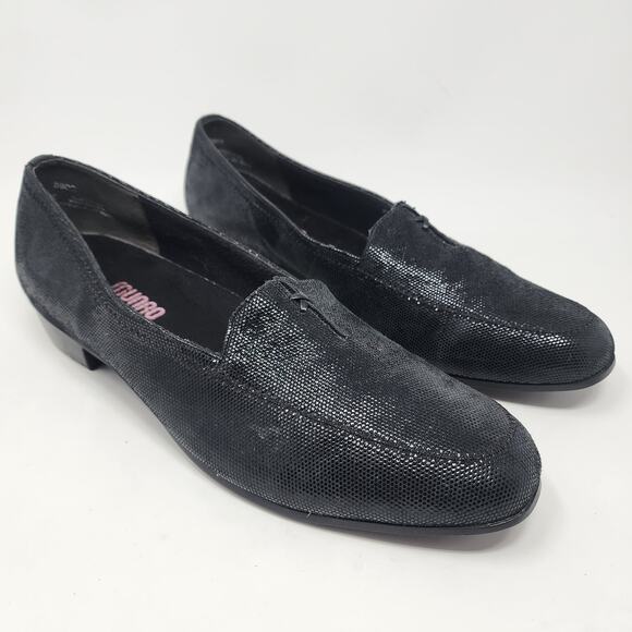 Munro Shoes - Munro Loafers Women 11 Wide Black Sheen Lizard Texture Low Rubber Heel 800080